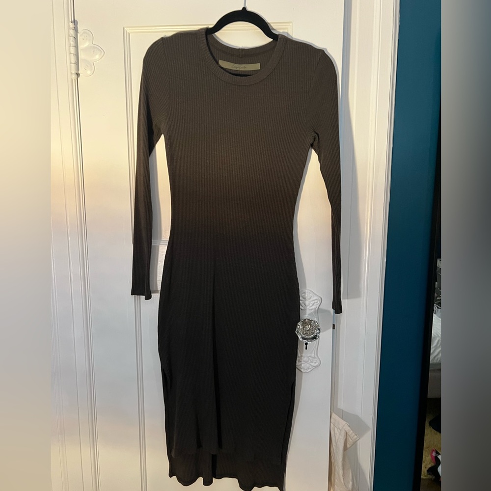 Olive Green Enza Costa Long Sleeve Ribbed Midi Dress